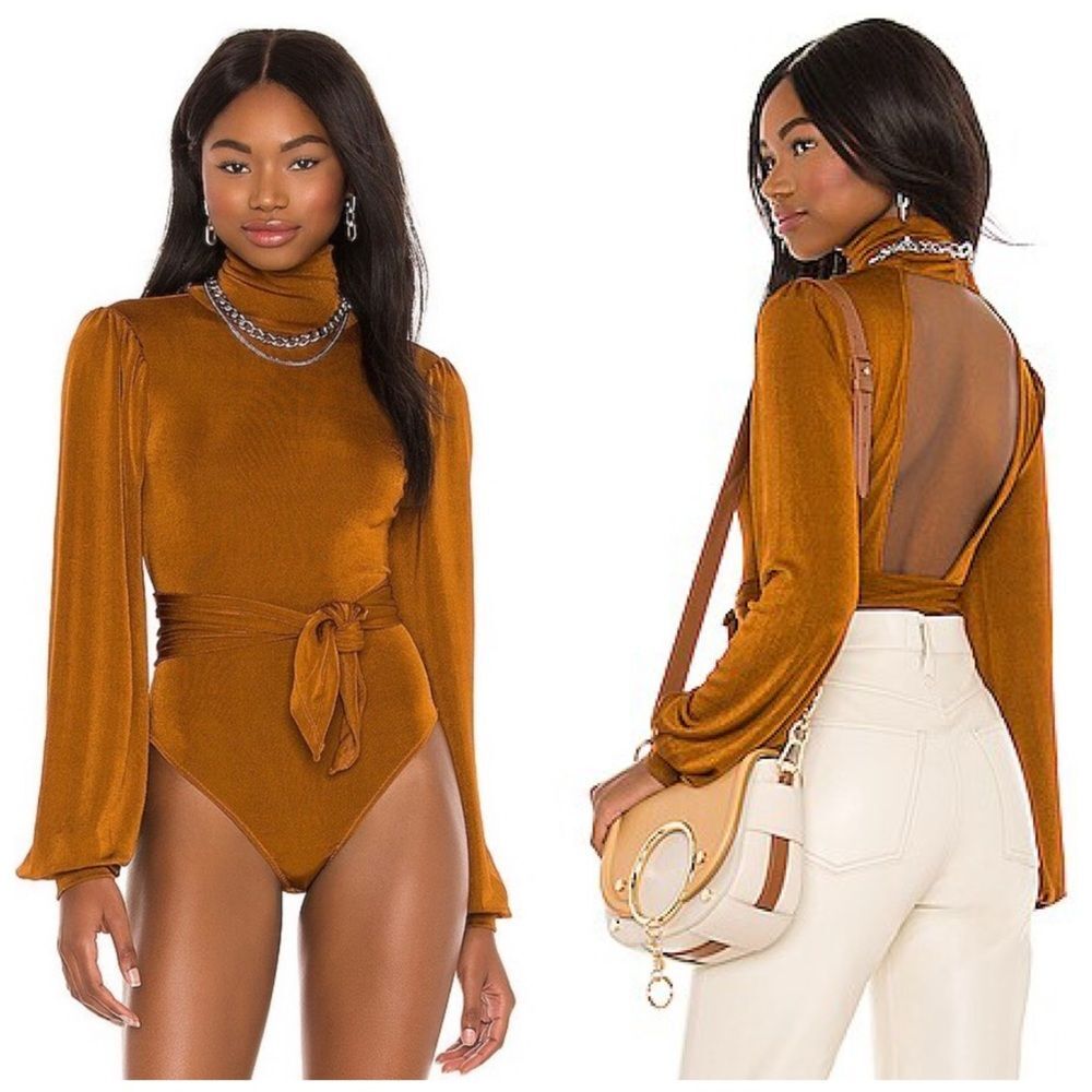 Free People Bring It Back Long Sleeve Mock Neck Open Back Bodysuit | Amber | XS